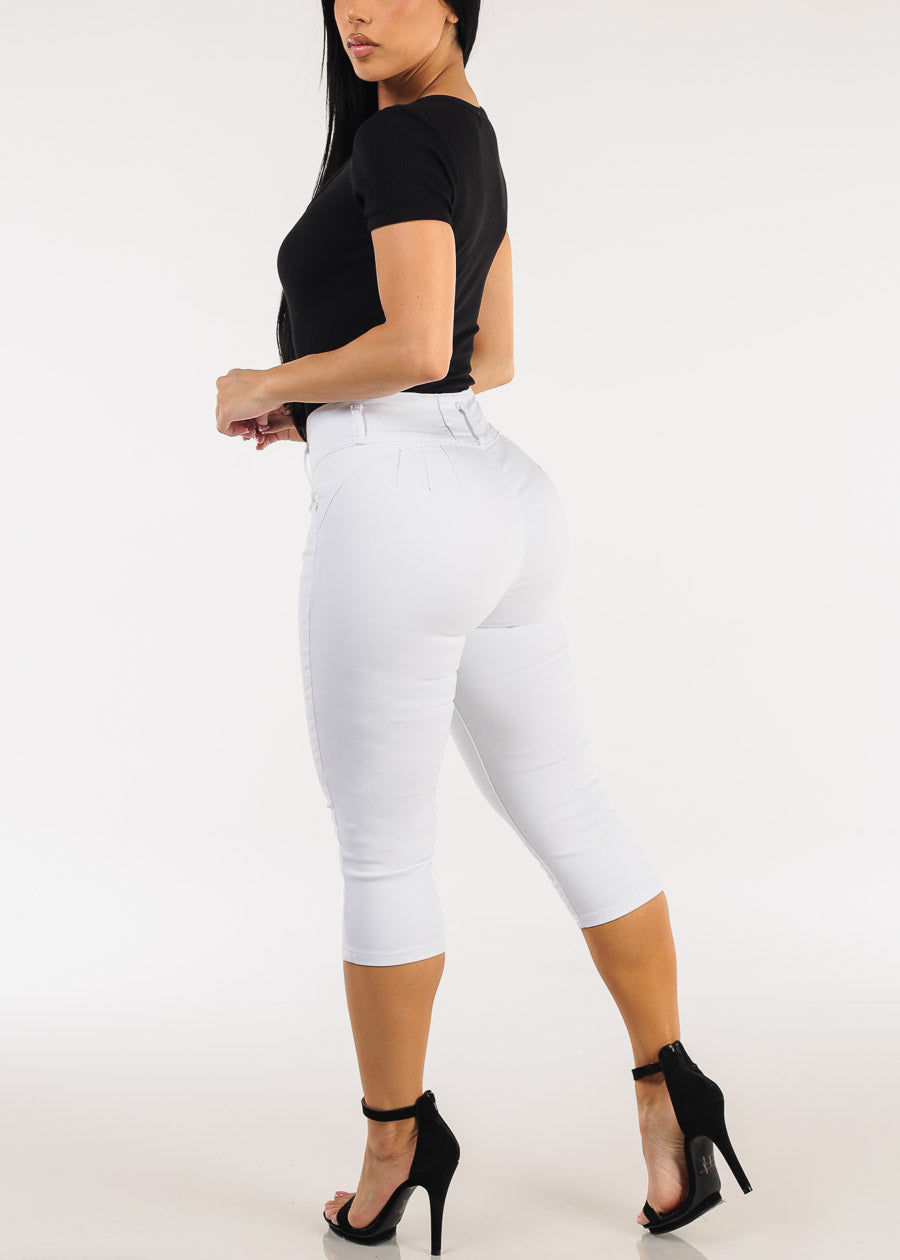 MX JEANS Butt Lift High Rise Stretch Denim Capris White