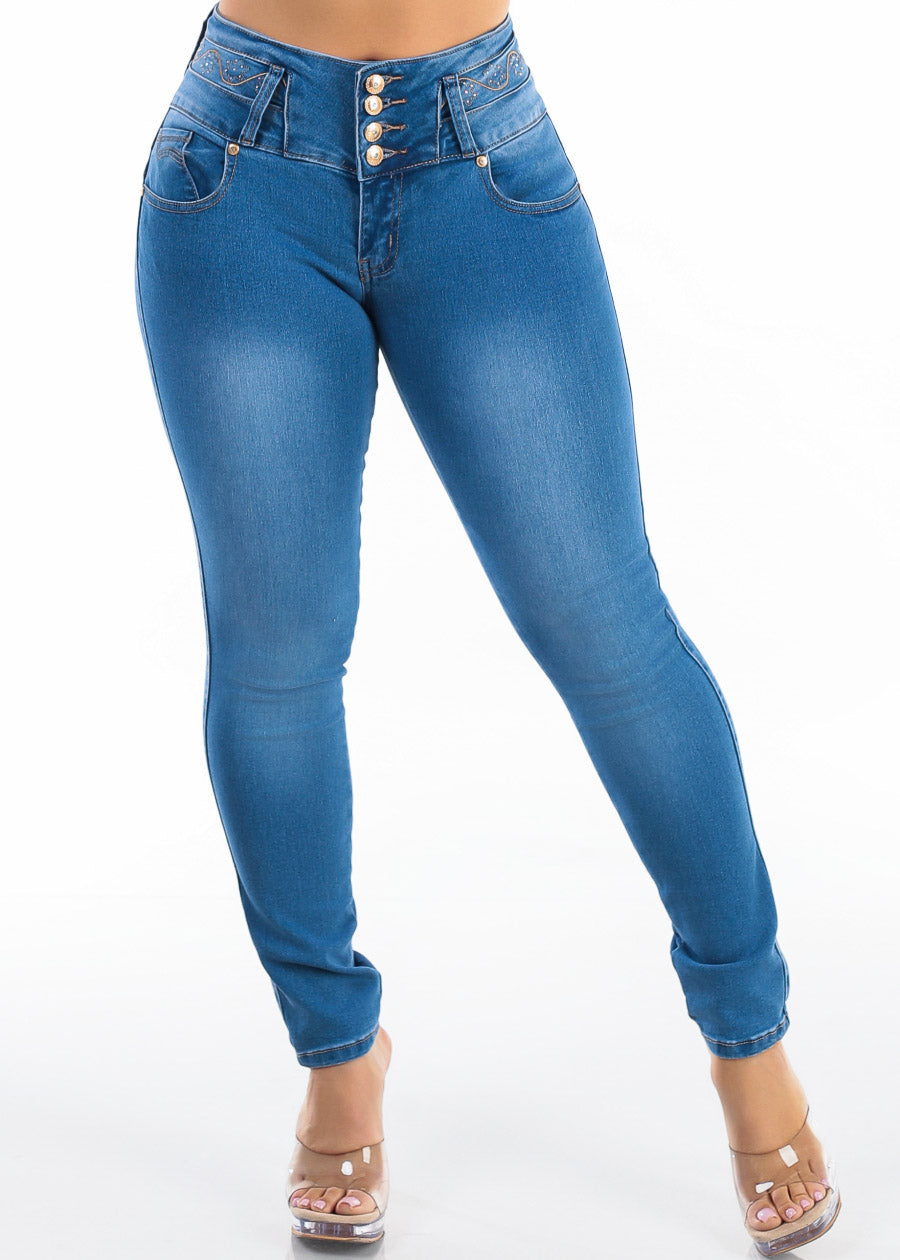 Butt Lift Mid Rise Stretch Skinny Jeans Med Blue