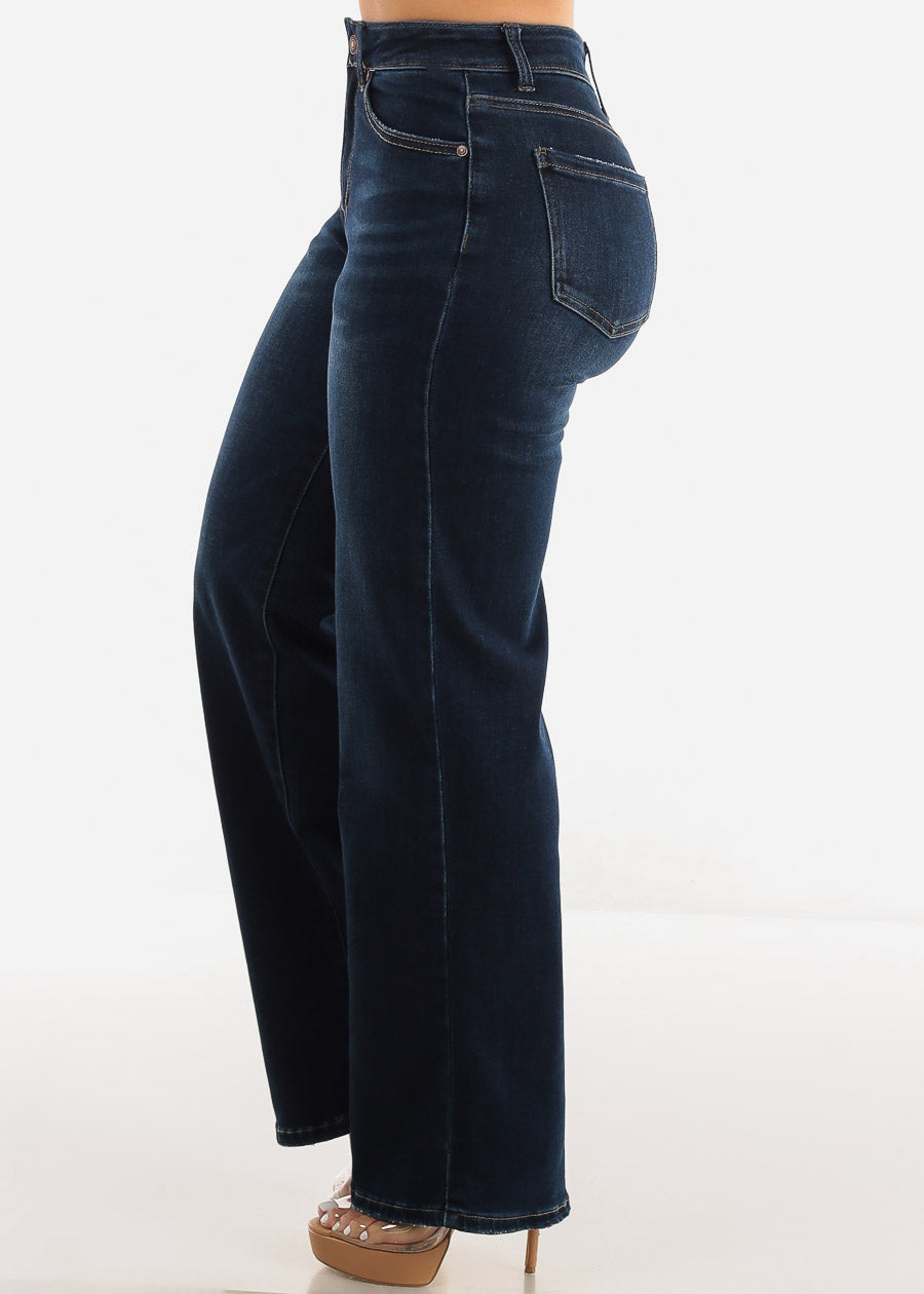 High Waist Wide Leg Straight Stretch Jeans Dark Wash