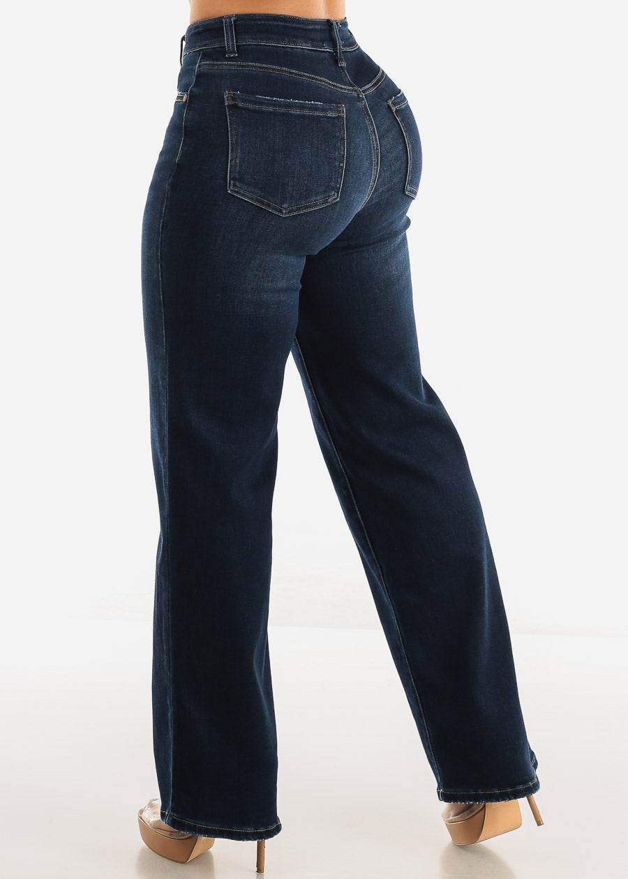 High Waist Wide Leg Straight Stretch Jeans Dark Wash