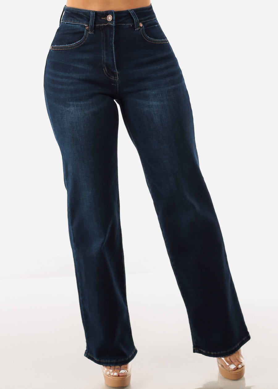 High Waist Wide Leg Straight Stretch Jeans Dark Wash