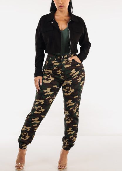 Long Sleeve Zip Up Stretch Cotton Cropped Jacket Black