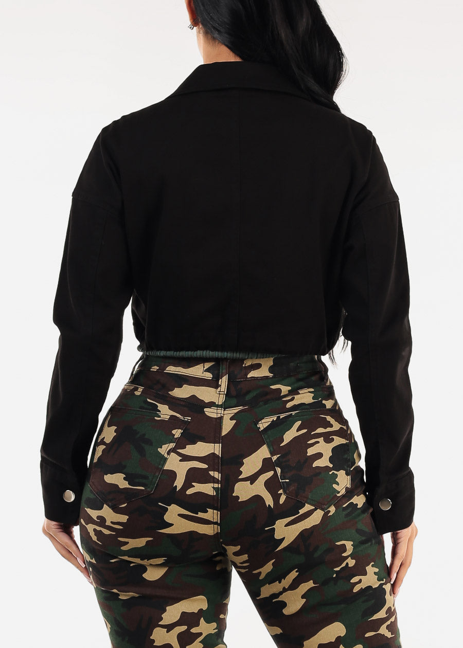 Long Sleeve Zip Up Stretch Cotton Cropped Jacket Black