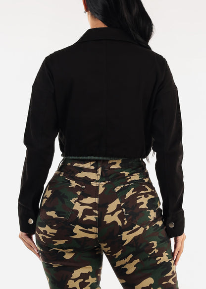 Long Sleeve Zip Up Stretch Cotton Cropped Jacket Black