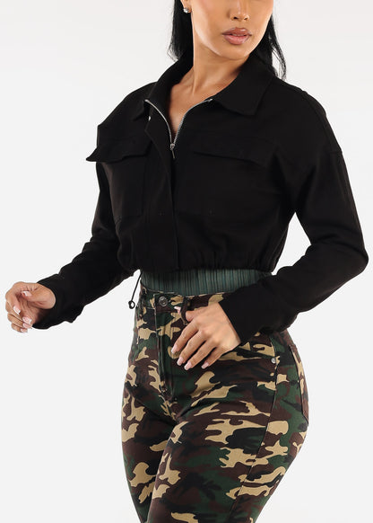 Long Sleeve Zip Up Stretch Cotton Cropped Jacket Black