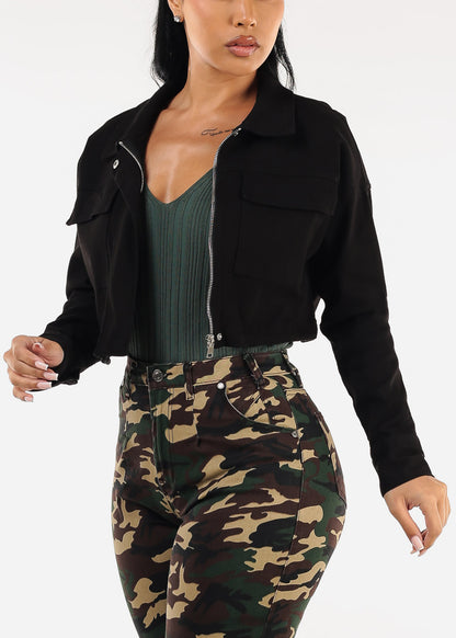 Long Sleeve Zip Up Stretch Cotton Cropped Jacket Black