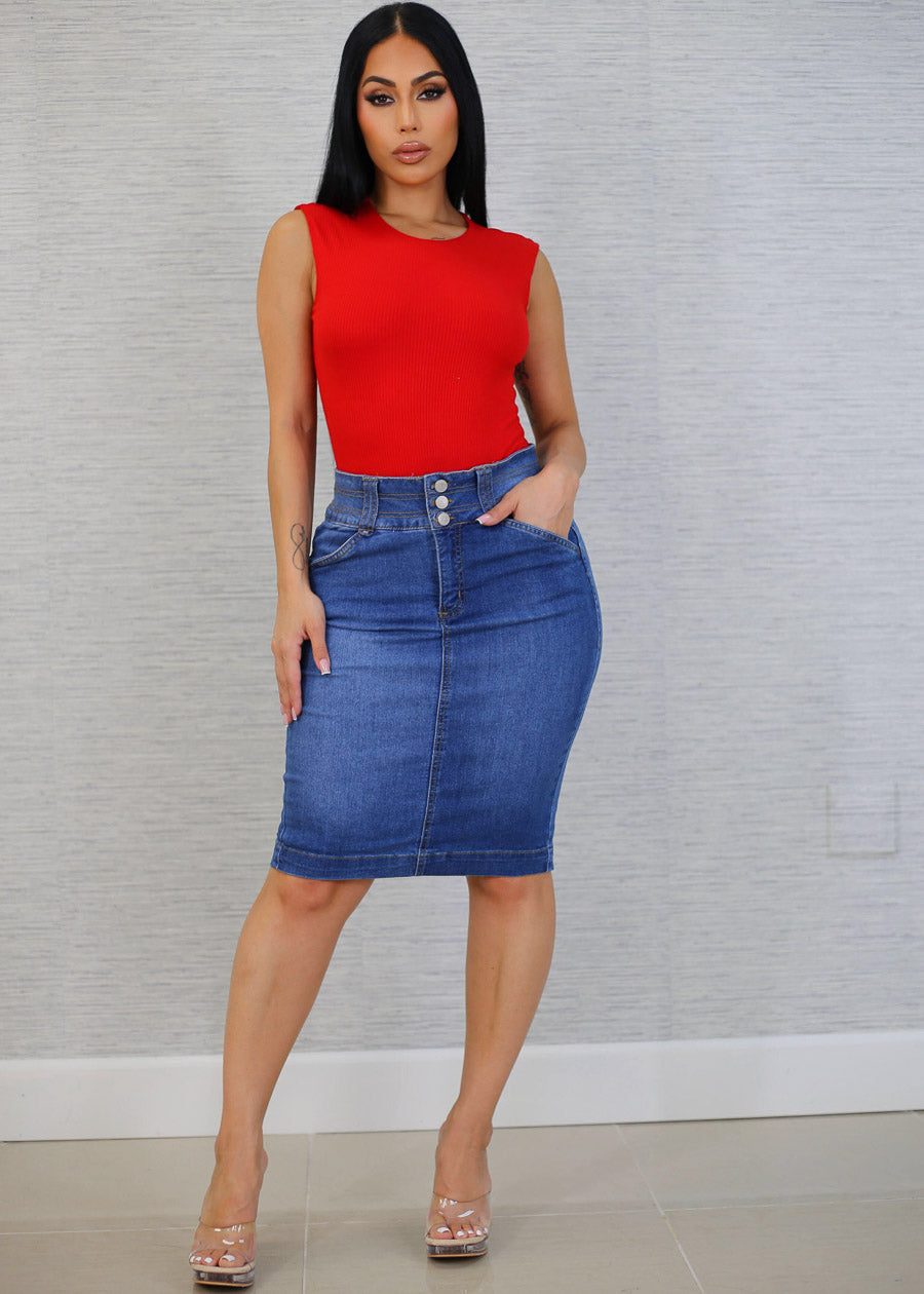 High Waist Butt Lifting Denim Pencil Skirt