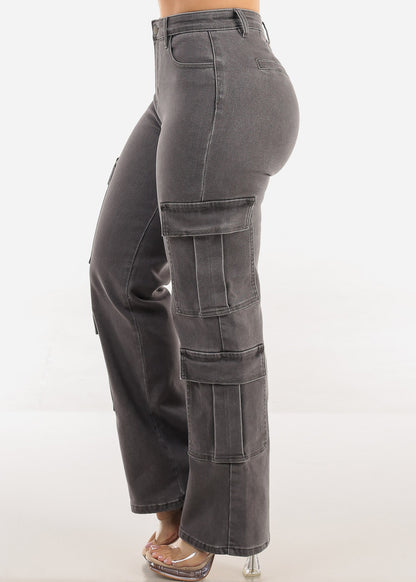 Butt Lift High Rise Straight Wide Leg Stretch Cargo Jeans Dark Grey