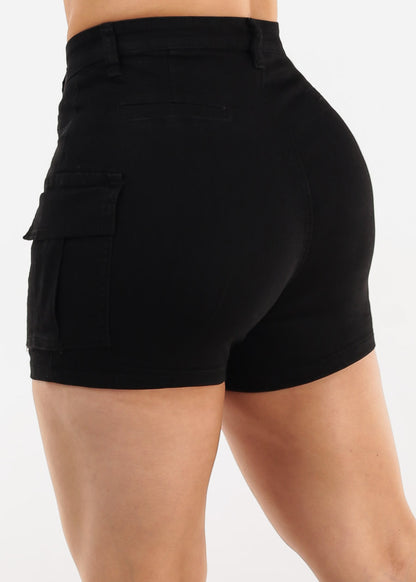 Butt Lift High Waist Stretch Cargo Denim Shorts Black