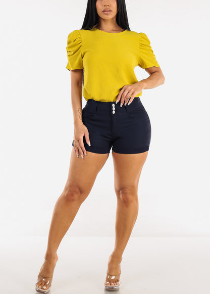 MX JEANS High Waist Hyper Stretch Butt Lifting Mid Thigh Shorts Navy