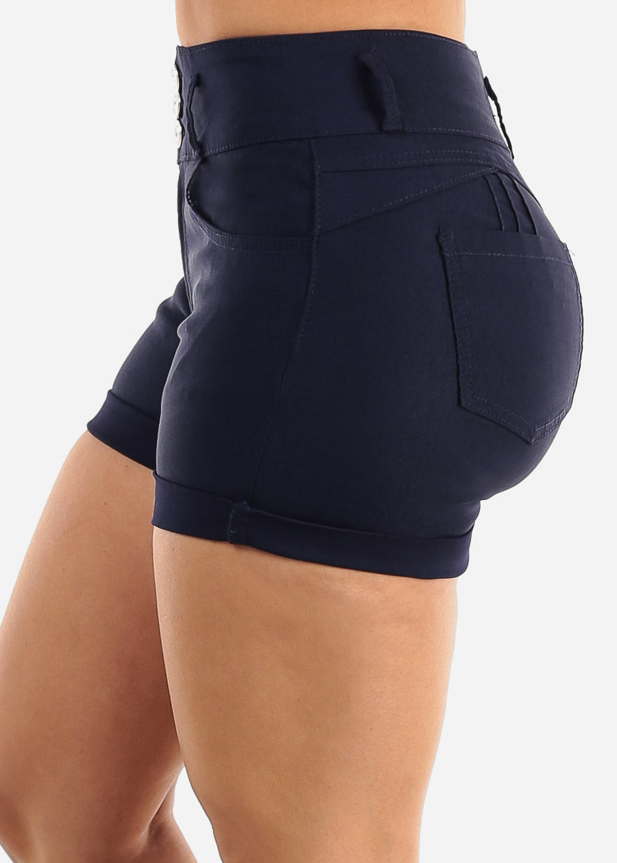 MX JEANS High Waist Hyper Stretch Butt Lifting Mid Thigh Shorts Navy