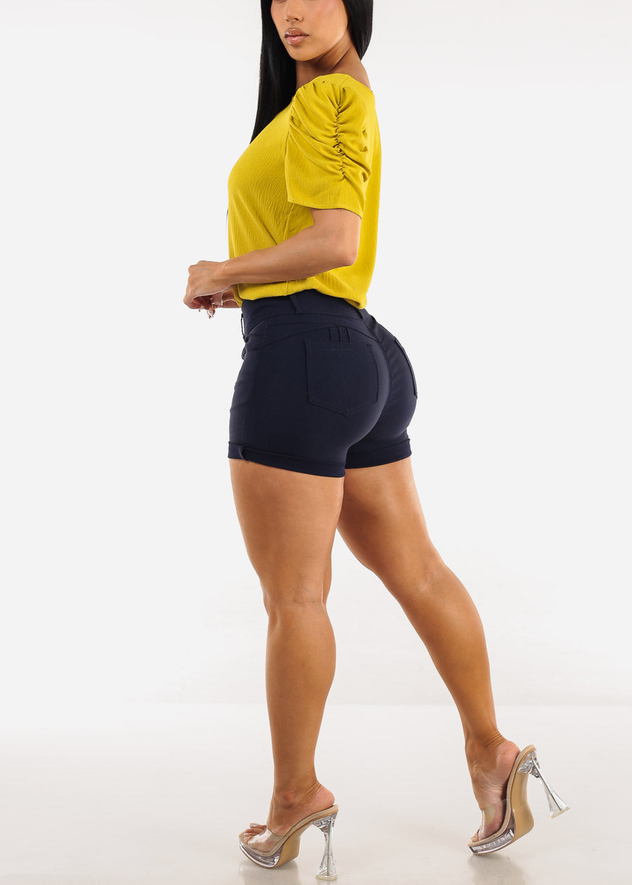 MX JEANS High Waist Hyper Stretch Butt Lifting Mid Thigh Shorts Navy