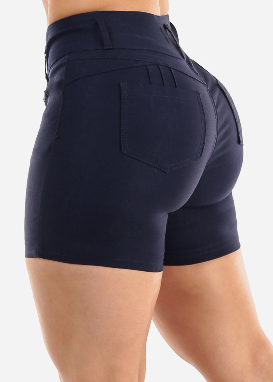 MX JEANS High Waist Hyper Stretch Butt Lifting Mid Thigh Shorts Navy