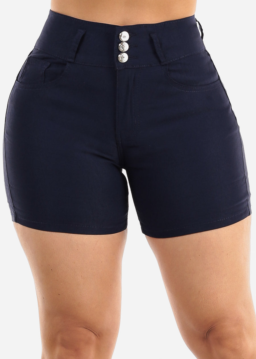 MX JEANS High Waist Hyper Stretch Butt Lifting Mid Thigh Shorts Navy