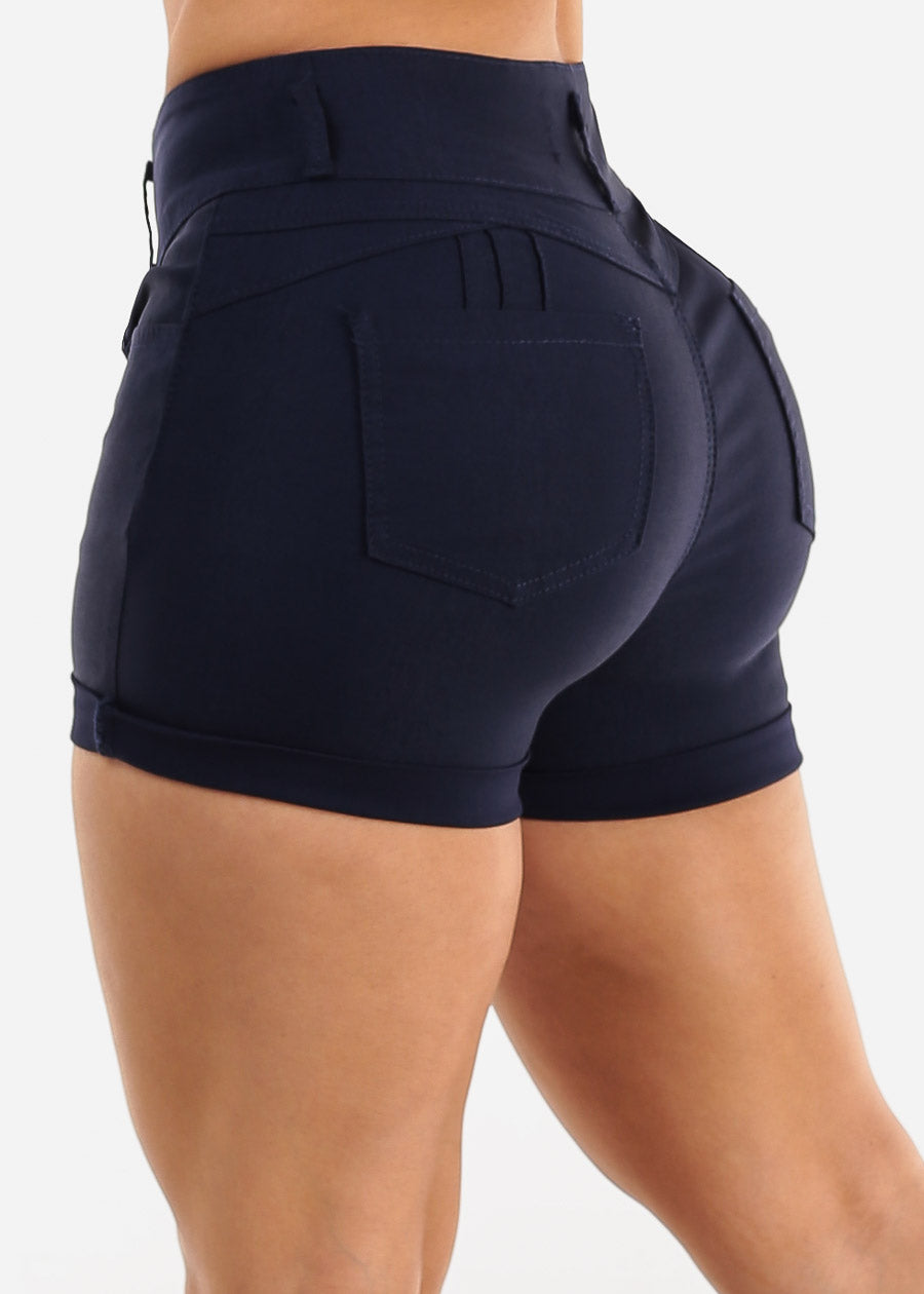 MX JEANS High Waist Hyper Stretch Butt Lifting Cuffed Shorts Navy