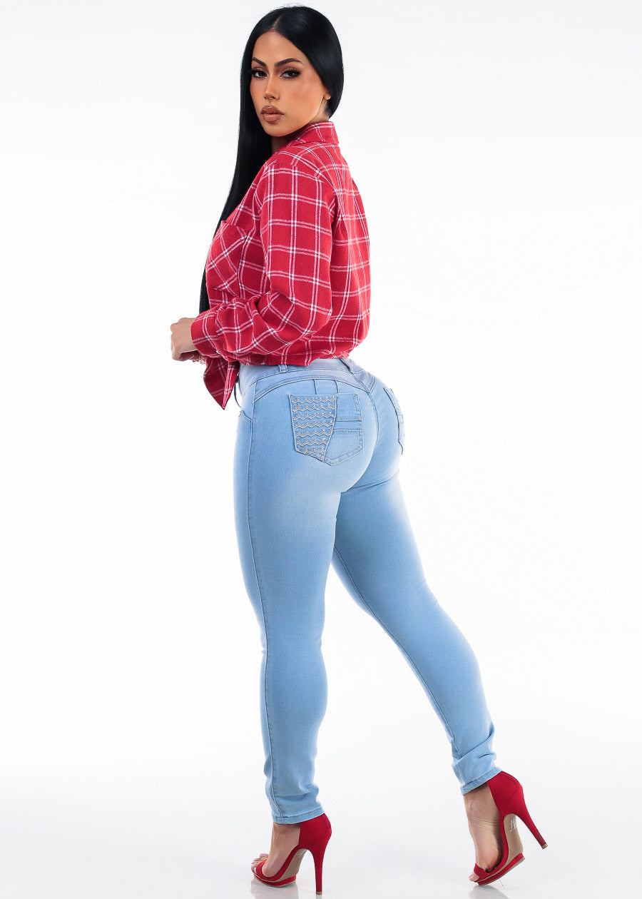 Butt Lift Mid Rise Stretch Skinny Jeans Light Wash