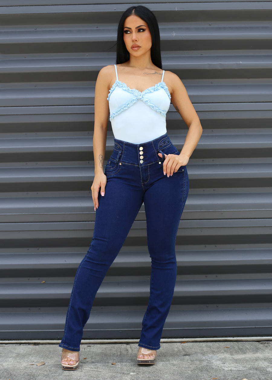 MX JEANS Embroidered Back Butt Lift Stretch Bootcut Jeans Dark Blue