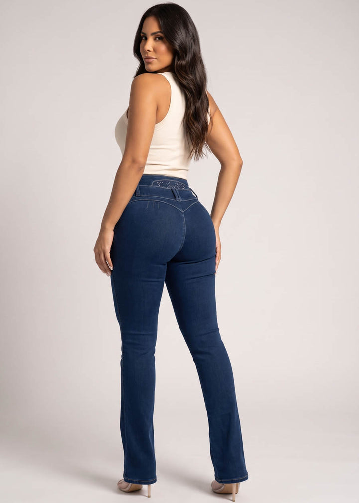 MX JEANS Embroidered Back Butt Lift Stretch Bootcut Jeans Dark Blue