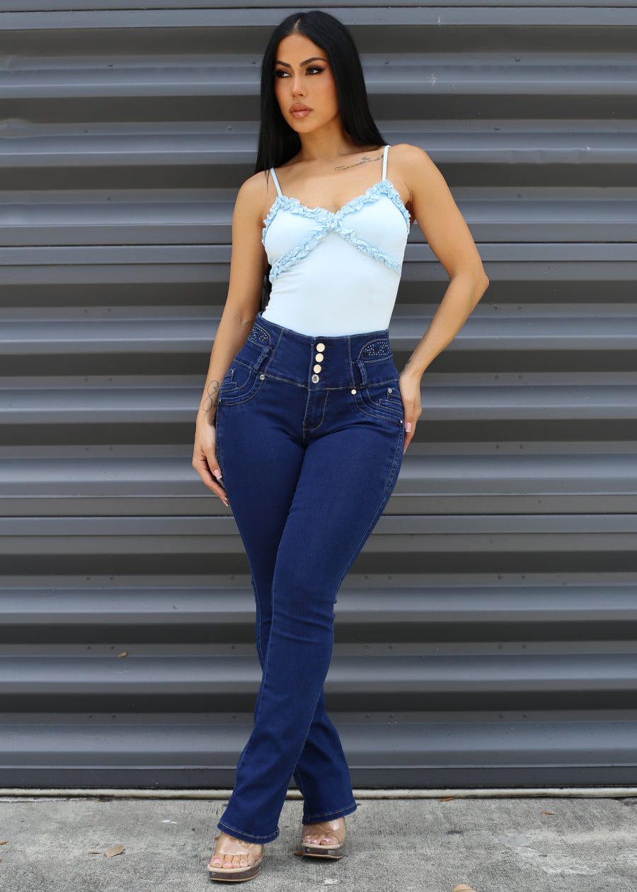MX JEANS Embroidered Back Butt Lift Stretch Bootcut Jeans Dark Blue