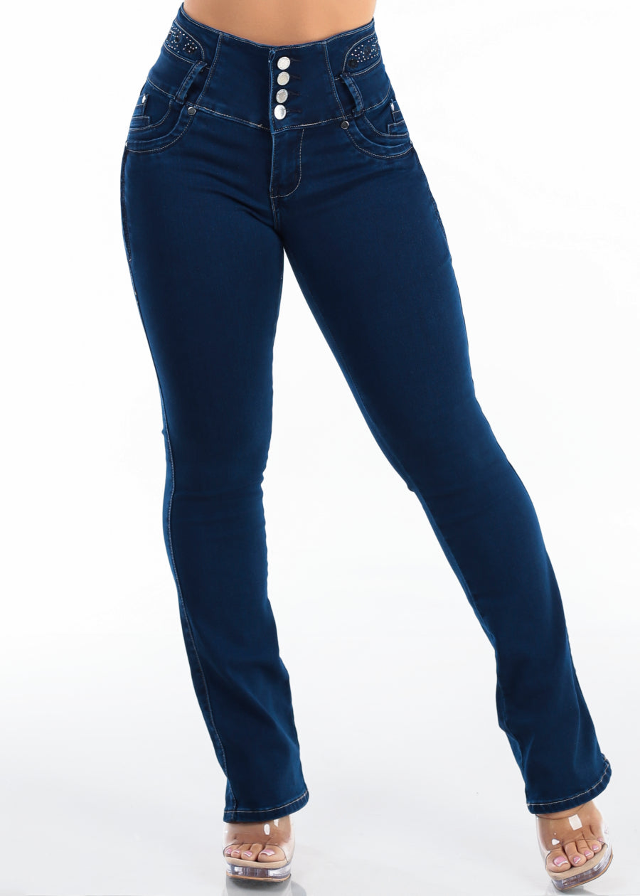 MX JEANS Embroidered Back Butt Lift Stretch Bootcut Jeans Dark Blue