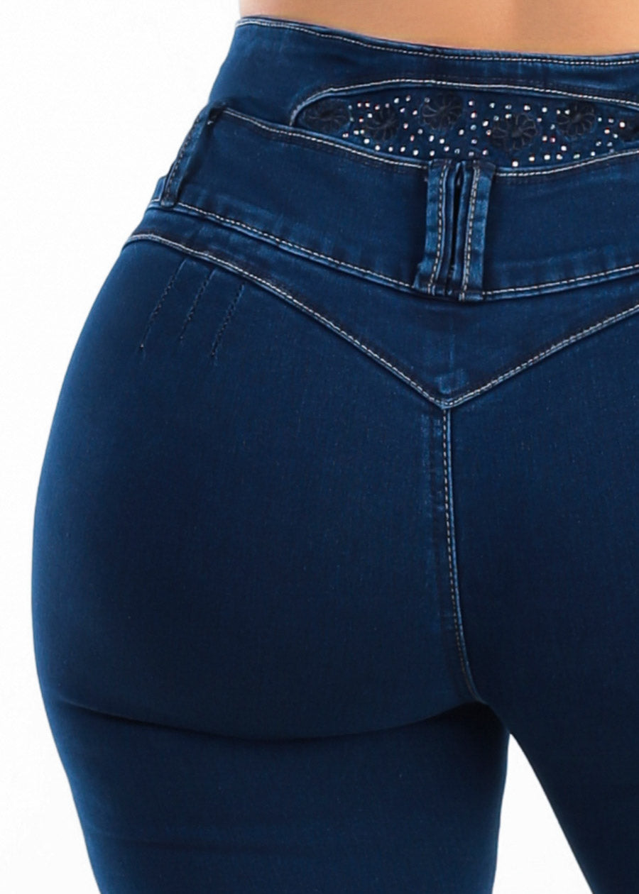 MX JEANS Embroidered Back Butt Lift Stretch Bootcut Jeans Dark Blue