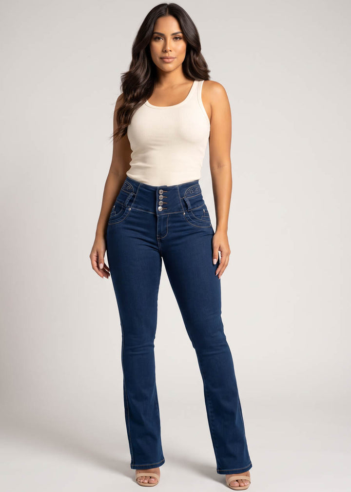MX JEANS Embroidered Back Butt Lift Stretch Bootcut Jeans Dark Blue