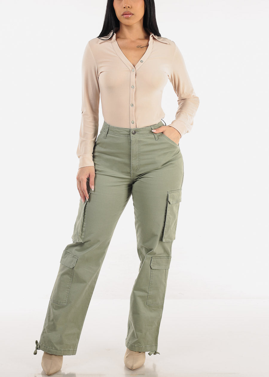 Super High Waist Straight Wide Leg Cargo Jeans Sage