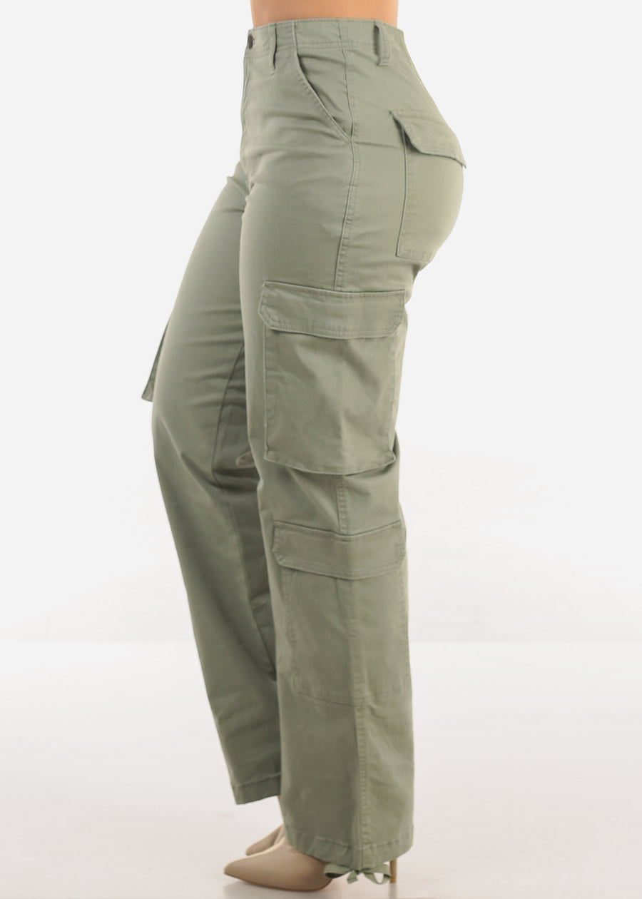 Super High Waist Straight Wide Leg Cargo Jeans Sage