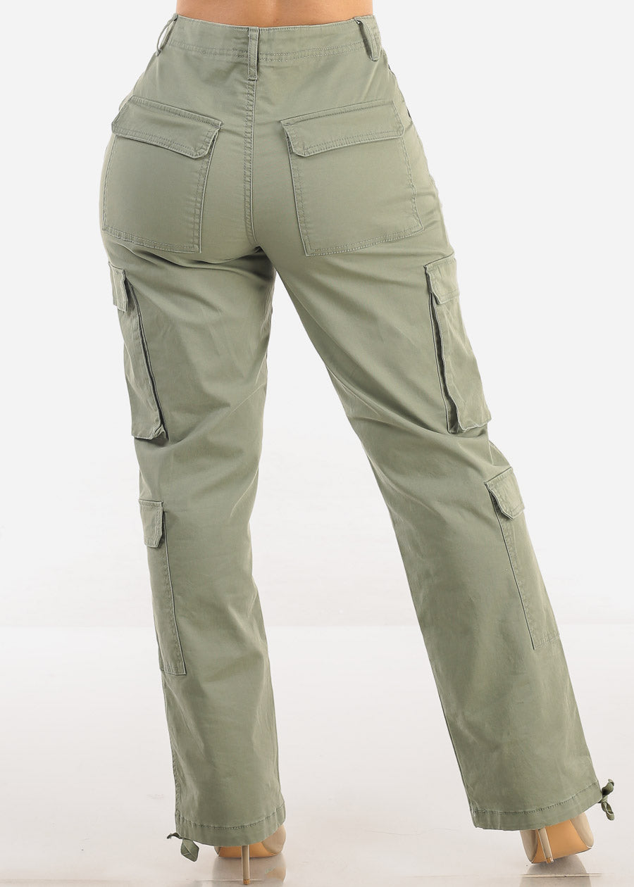 Super High Waist Straight Wide Leg Cargo Jeans Sage