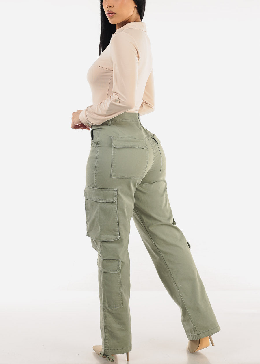 Super High Waist Straight Wide Leg Cargo Jeans Sage