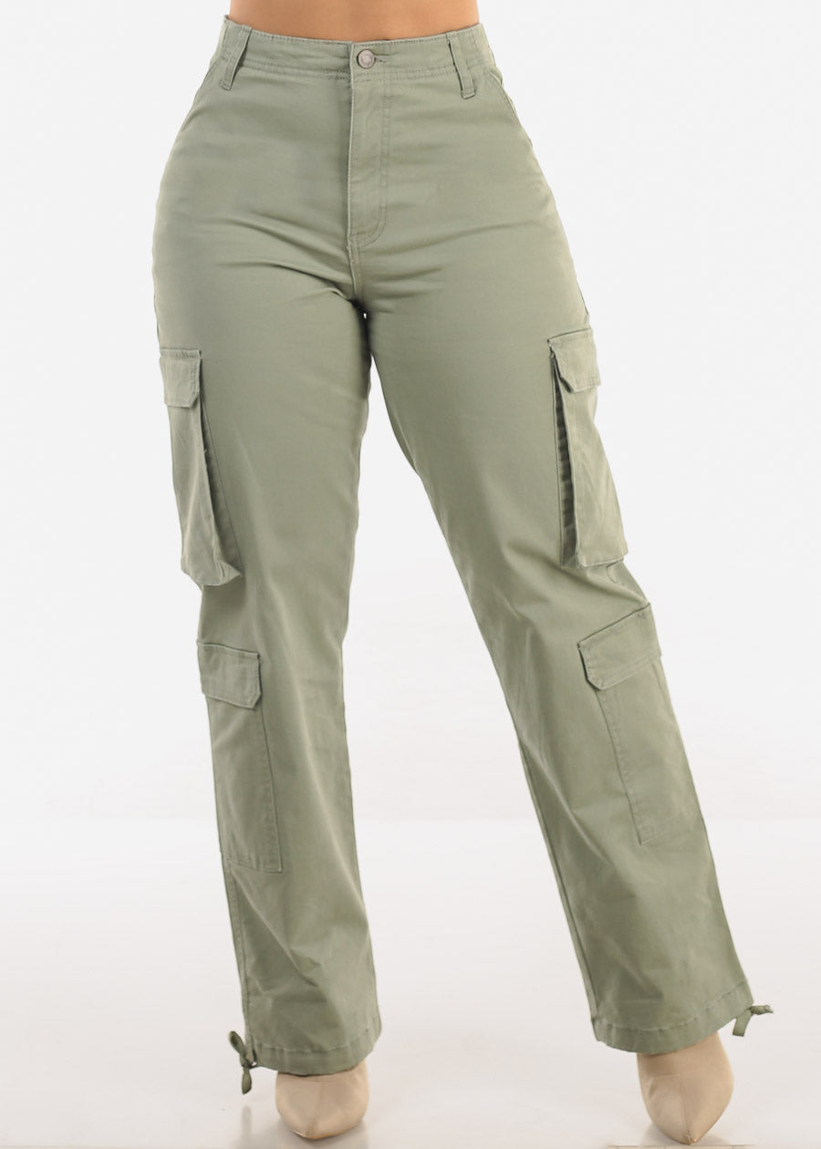 Super High Waist Straight Wide Leg Cargo Jeans Sage