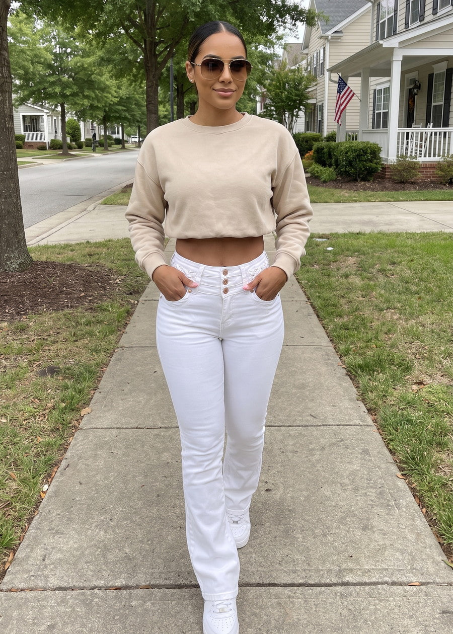MX JEANS Butt Lift Mid Rise Stretch Bootcut Jeans White W Lace Up Design, view 14 of 14