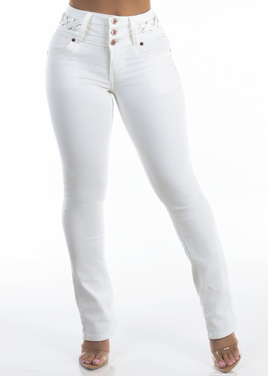 MX JEANS Butt Lift Mid Rise Stretch Bootcut Jeans White W Lace Up Design