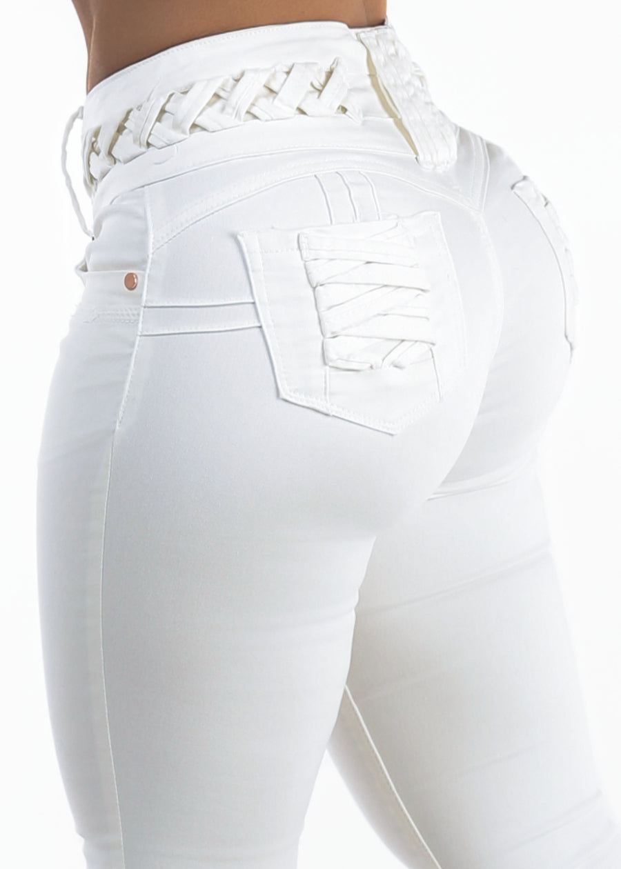 MX JEANS Butt Lift Mid Rise Stretch Bootcut Jeans White W Lace Up Design