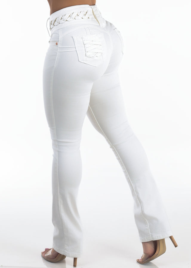 MX JEANS Butt Lift Mid Rise Stretch Bootcut Jeans White W Lace Up Design