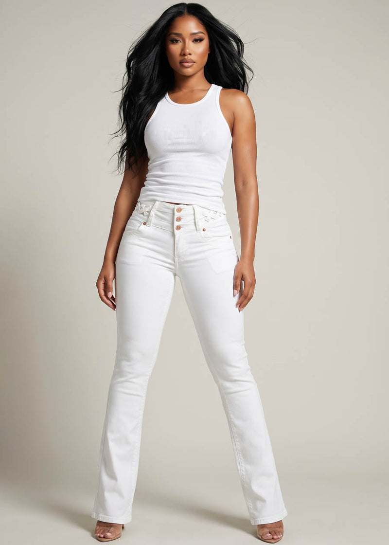 MX JEANS Butt Lift Mid Rise Stretch Bootcut Jeans White W Lace Up Design