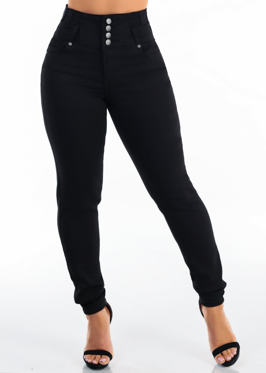 MX JEANS Butt Lift Super High Waist Stretch Skinny Jeans Black w Back Pocket Design