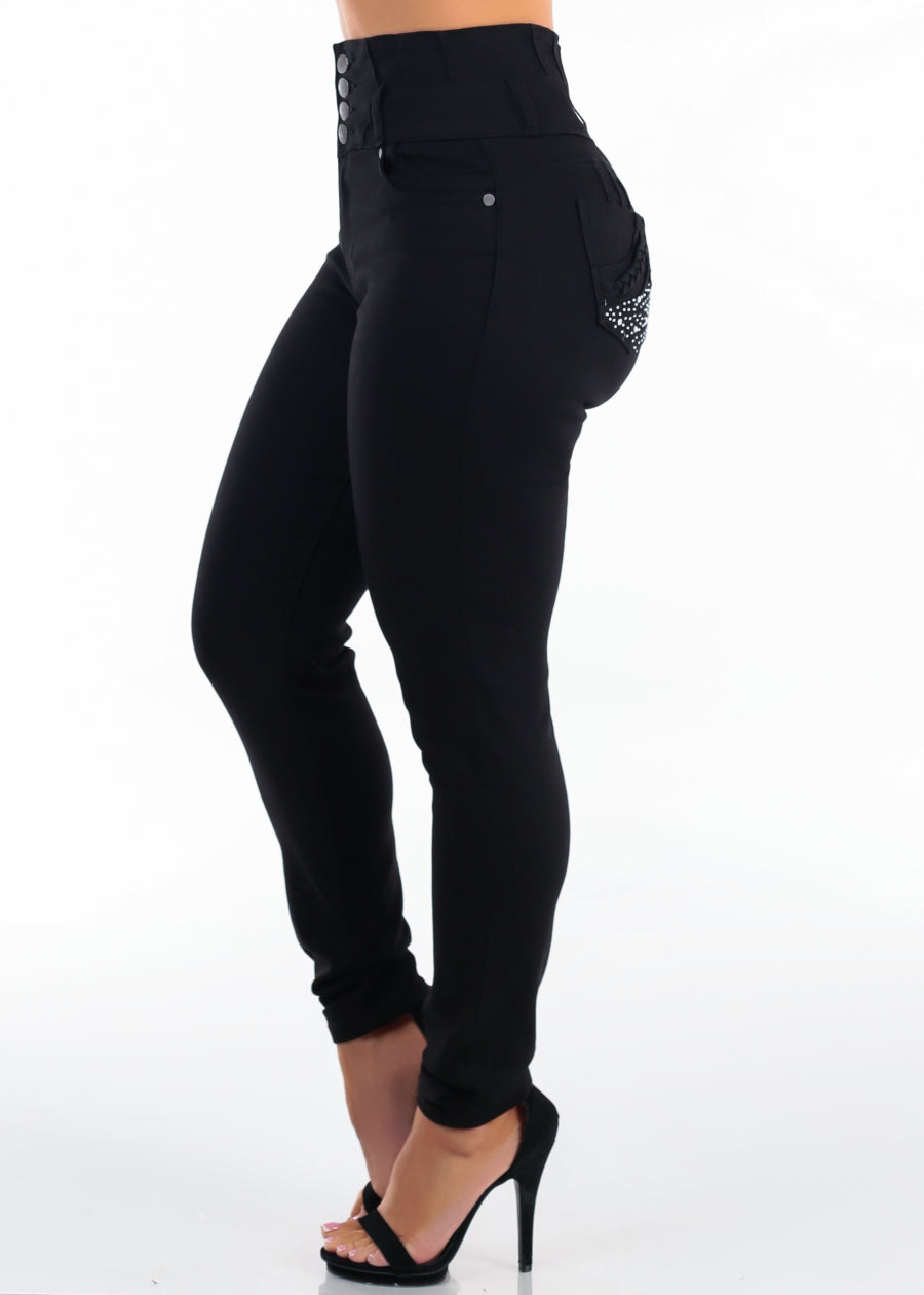 MX JEANS Butt Lift Super High Waist Stretch Skinny Jeans Black w Back Pocket Design