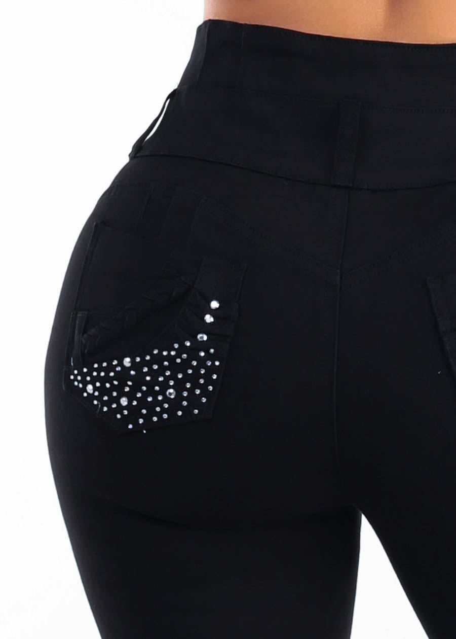MX JEANS Butt Lift Super High Waist Stretch Skinny Jeans Black w Back Pocket Design