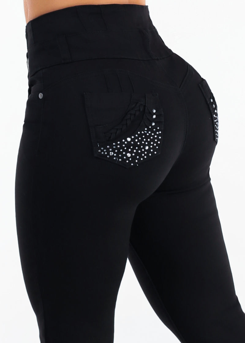 MX JEANS Butt Lift Super High Waist Stretch Skinny Jeans Black w Back Pocket Design