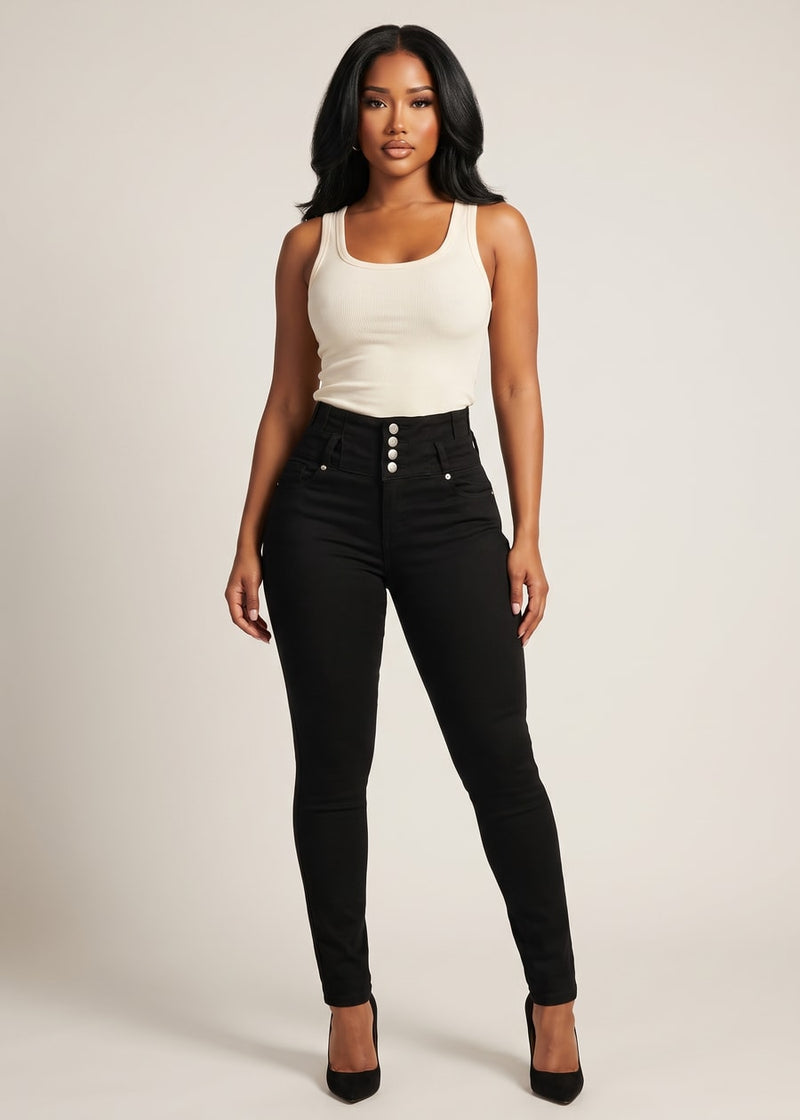 MX JEANS Butt Lift Super High Waist Stretch Skinny Jeans Black w Back Pocket Design