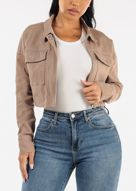 Long Sleeve Zip Up Stretch Cotton Cropped Jacket Dark Khaki
