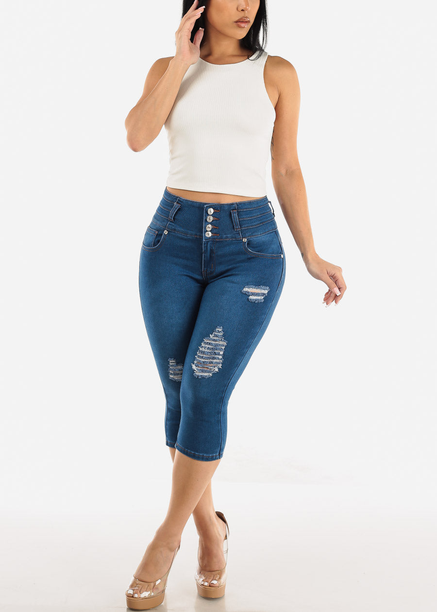 Butt Lifting High Waisted Ripped Denim Capris