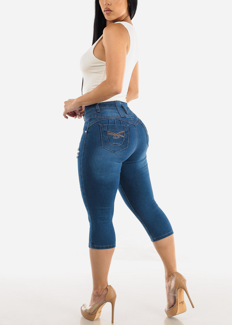 Butt Lifting High Waisted Ripped Denim Capris