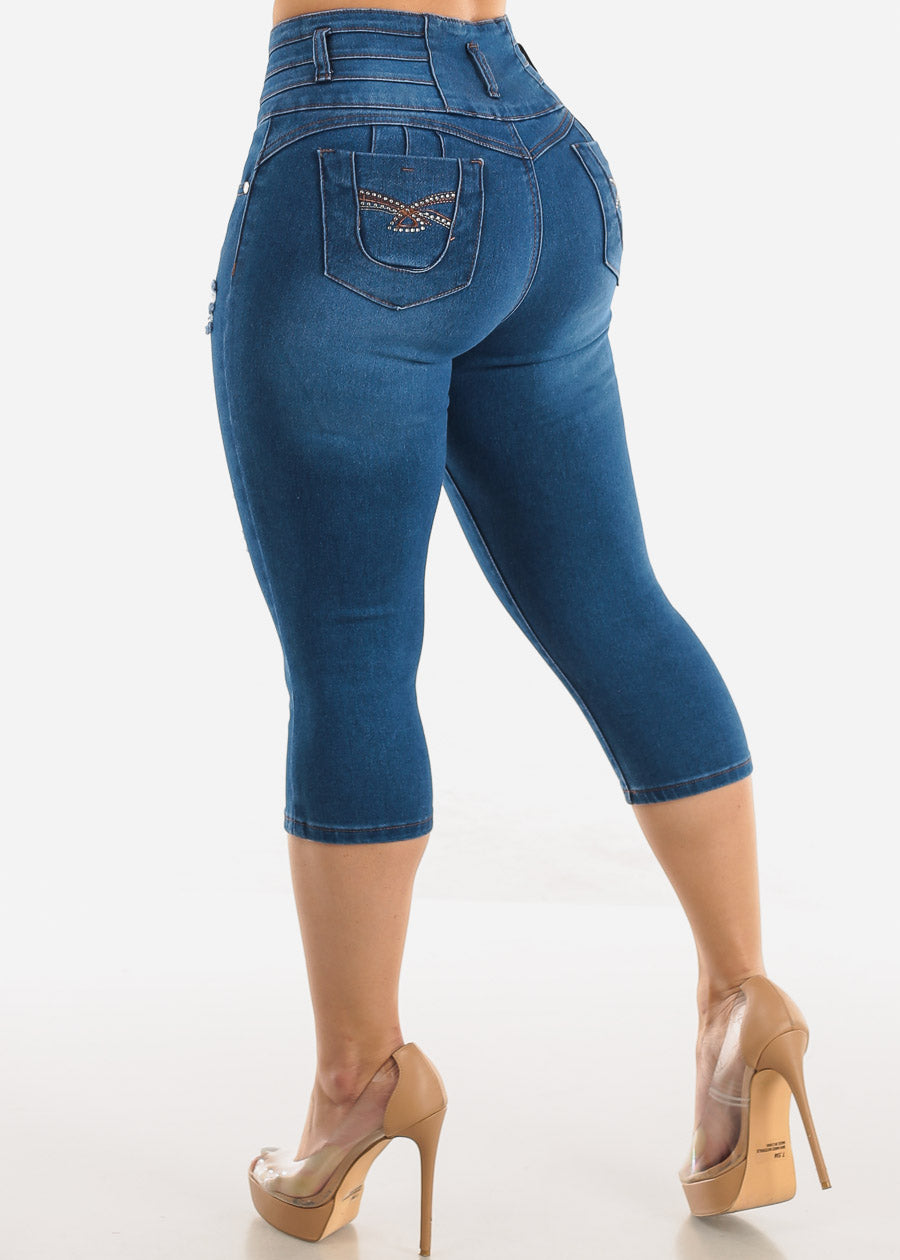 Butt Lifting High Waisted Ripped Denim Capris