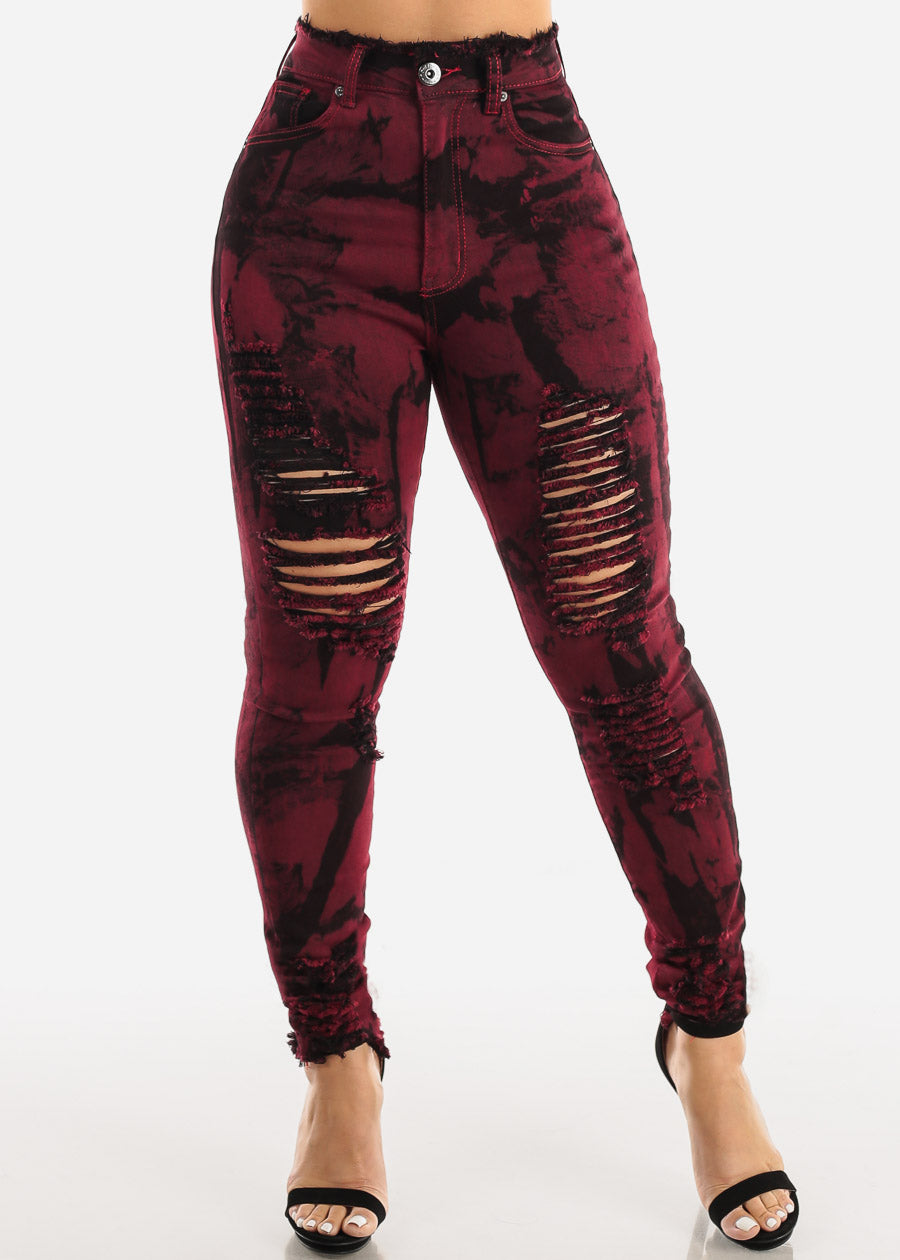 Red Super High Waist Ripped Acid Wash Skinny Jeans