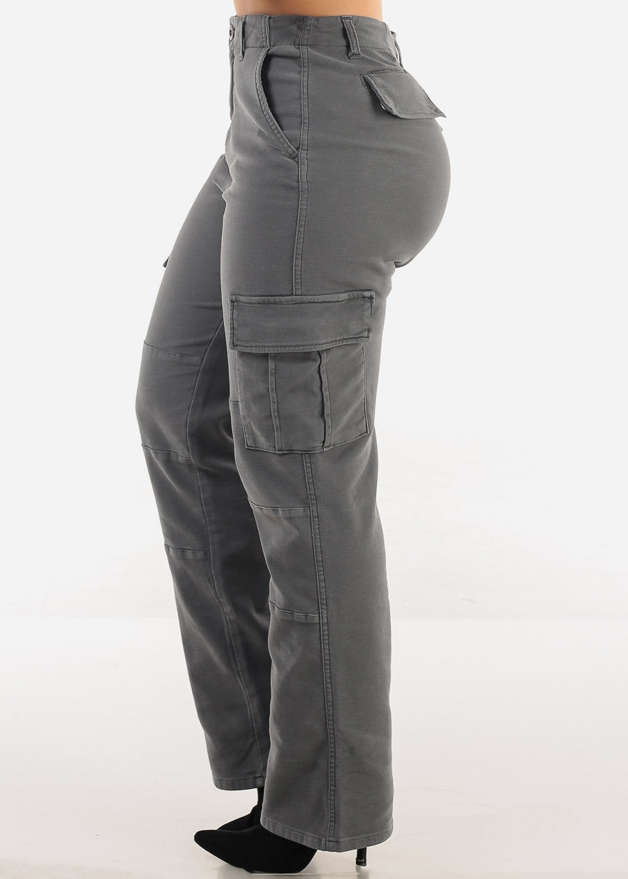 Butt Lift High Rise Straight Wide Leg Cargo Jeans Charcoal