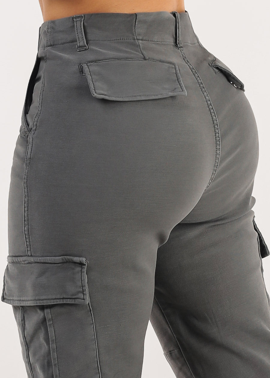 Butt Lift High Rise Straight Wide Leg Cargo Jeans Charcoal