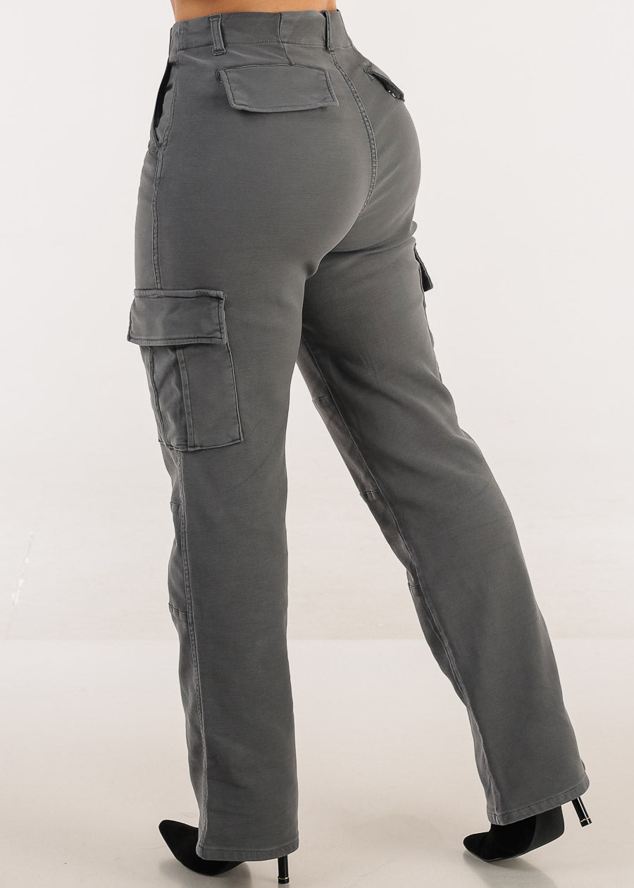 Butt Lift High Rise Straight Wide Leg Cargo Jeans Charcoal