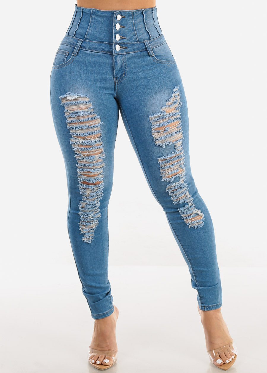 Super High Waist Distressed Skinny Jeans w Back Lace Up